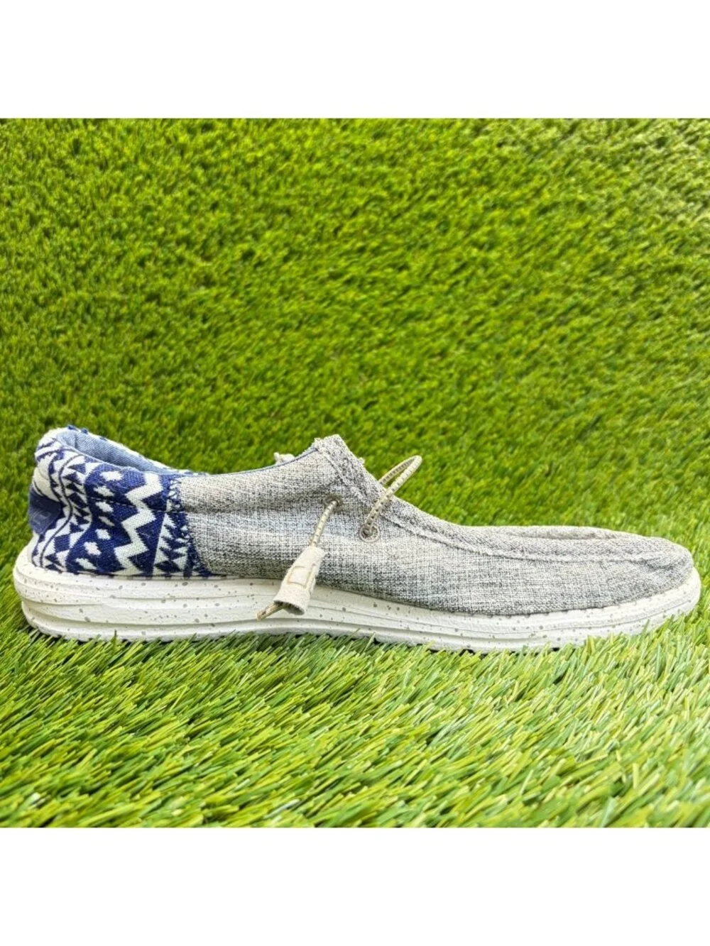 Hey Dude Wally Funk Mens Size 10 Taupe Gray Blue Casual Walking Slip-On Shoes